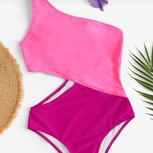 Pink Two-Tone One-Shoulder One-Piece Swimsuit